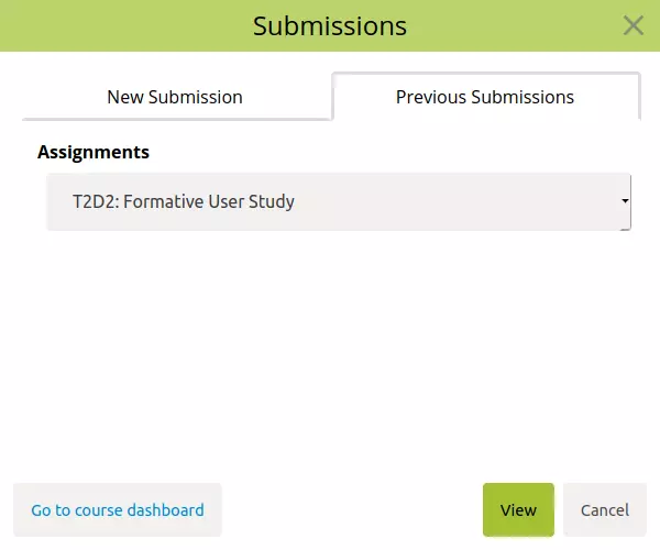 A picture of the submission dialog for viewing a previous version of the student's work. The student has selected an assignment that they've previously submitted to.