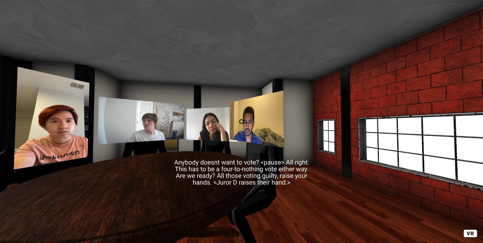 The preliminary prototype for this project, displaying 4 people around a table, with live, automatic captions displayed at the bottom of the screen.