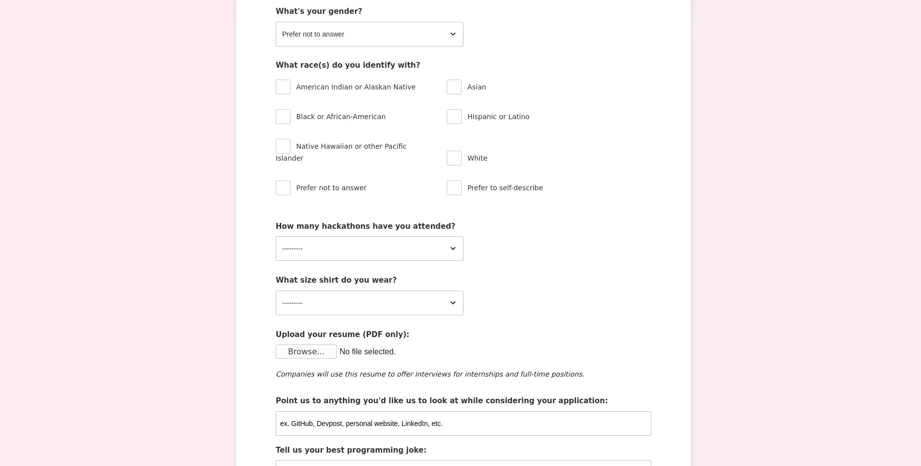 A screenshot of the TAMUhack 2020 application form. Questions on the form include gender, prior hackathon experience, shirt size, and a request for a resume.